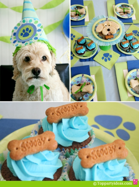 Dog Party Ideas - Table settng, dog plates, dog sandwiches, dog bone cupcakes
