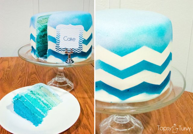 chevron & ombre blue cake