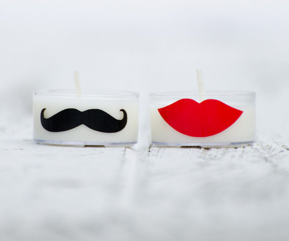 Mustache and lip votive candles for an engagement party
