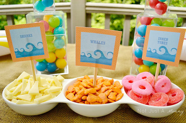 pool party food beach snacks summer shark birthday snack blovelyevents printables playdate foods table treats creative camp inner tubes dazzle