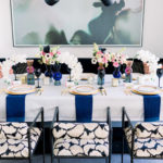 Fabulous Navy and gold valentines day dinner table- See all of the details on B. Lovely Events! #valentinesday #tablescape #orchids #anenomies #centerpiece