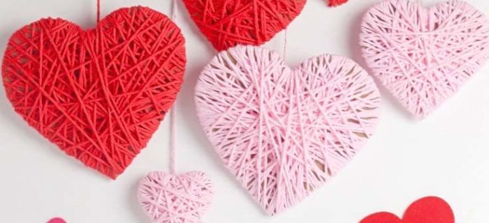 Yarn heart decorations for Valentines day