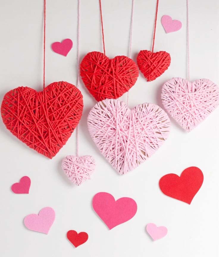 Yarn heart decorations for Valentines day